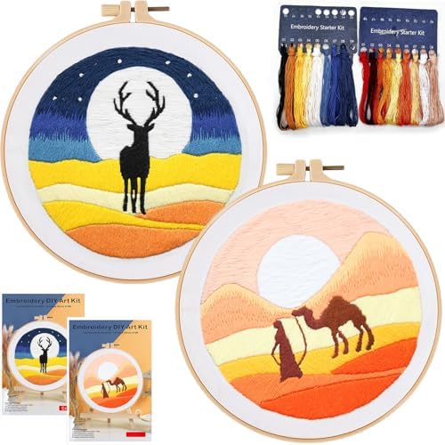 2 Set Embroidery Kit DIY for Adult Beginner, Pre-Stamped Patterns Mountain Sea Embroidery Kits with Hoop, Colored Threads and Needles, Easy to Follow Needlework (Yellow) by FONNUY