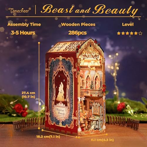 Tonecheer DIY Book Nook Kit for Adults, 3D Wooden Puzzle Music Booknook Miniature Dollhouse, Fairy Tale Bookend Bookshelf Decor with Dust Cover and LED Lights Gifts (Beast‌ and Beauty) - Image 4