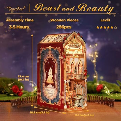 Tonecheer DIY Book Nook Kit for Adults, 3D Wooden Puzzle Music Booknook Miniature Dollhouse, Fairy Tale Bookend Bookshelf Decor with Dust Cover and LED Lights Gifts (Beast‌ and Beauty) - Image 4