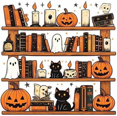 KYOQFVN Bookshelf Stamped Cross Stitch Kits for Adults Beginners - Halloween Counted Cross Stitch Kits - Halloween Embroidery Kits for Beginners Adults Arts Craft 14x14 inch by KYOQFVN