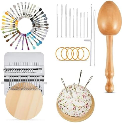 Mini Darning Loom Machine with Wood Darning Egg - 14 Hooks Speedweve Style Weaving Kit, 50 Colors Thread & 9 Large Eye Needles - Complete Sock Mending Kit for DIY Craft, Repairing Holes & Jeans by Unknown