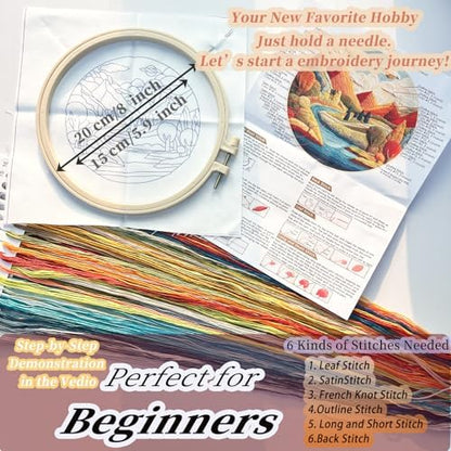 FONNUY Embroidery Kit for Beginners, Brightly Colored Landscape Lake Pre-Stamped Pattern Kits for Adults with Hoop, Easy to Follow Color Thread Needlework, 8'' Hoop (Blue) - Image 5