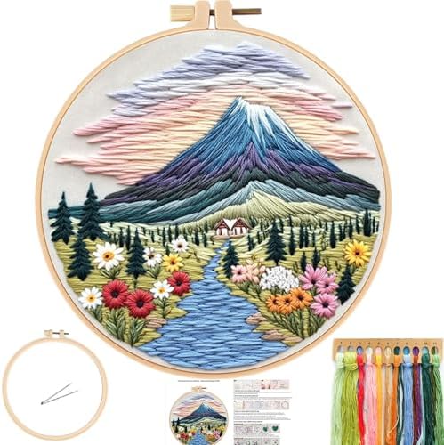 FONNUY Embroidery Kit for Beginners, Flower Hill Nature Landscape Pre-Stamped Pattern Kits for Adults with Hoop, Easy to Follow Color Thread Needlework, 8'' Hoop (Purple Blue) by FONNUY