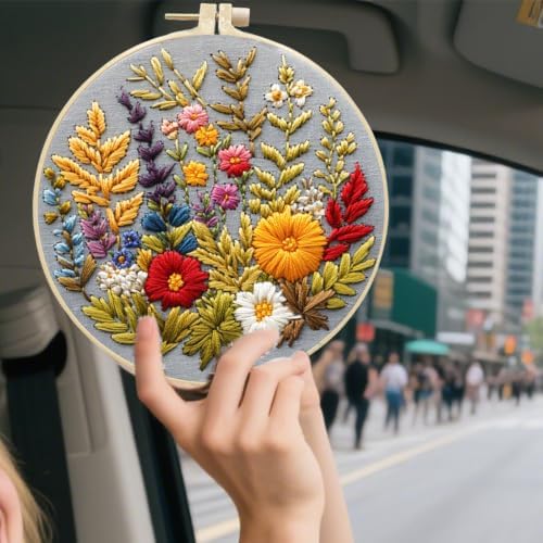FONNUY Floral Embroidery Kit for Beginners, Colorful Flowers Pre-Stamped Pattern Kits for Adults with Hoop, Thread Needlework, 8'' Hoop (Zinnia) - Image 4