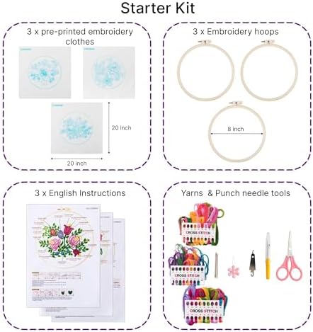 Looples Embroidery Kit for Beginners and Adults with Video Tutorials – DIY Starter Kit with 3 Stamped Floral Patterns, Hoops, Threads, Needles, and Instructions (Floral) - Image 2