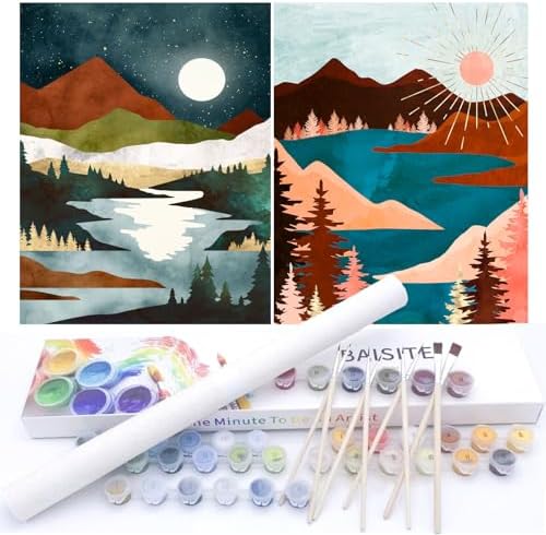 BAISITE Paint by Numbers Kit for Adults Beginners,12" Wx16 L 2 Pack Canvas for Painting Kits for Adults in Colorful Box-Sunrise Lake Mountains 6970 by PaintbyNumbersKitsforAdults