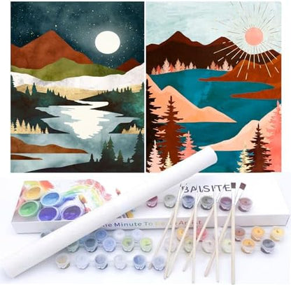 BAISITE Paint by Numbers Kit for Adults Beginners,12" Wx16 L 2 Pack Canvas for Painting Kits for Adults in Colorful Box-Sunrise Lake Mountains 6970 by PaintbyNumbersKitsforAdults