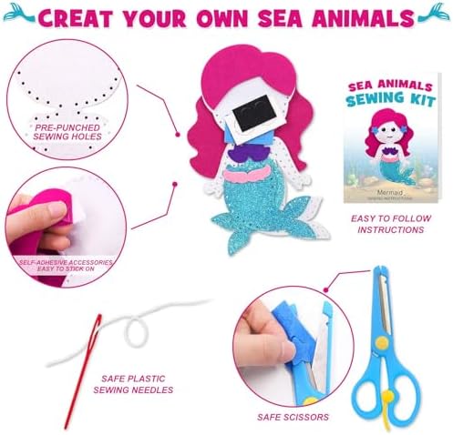 CiyvoLyeen Sea Animals Sewing Kit Mermaid DIY Felt Plush Craft Kit Make Your Own Ocean Animals Gifts for Beginner Boys and Girls Educational Kids Art Craft Supplies Set of 12 - Image 5