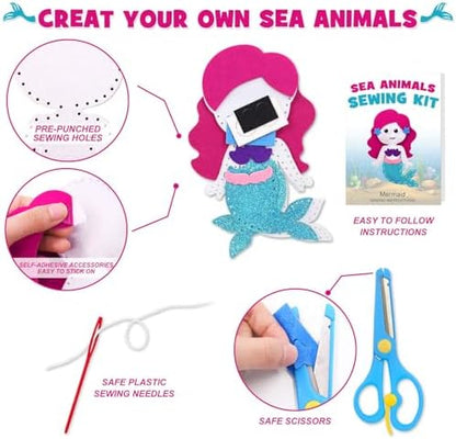 CiyvoLyeen Sea Animals Sewing Kit Mermaid DIY Felt Plush Craft Kit Make Your Own Ocean Animals Gifts for Beginner Boys and Girls Educational Kids Art Craft Supplies Set of 12 - Image 5