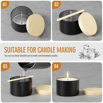 24 Pack 4oz Candle Tins with Lids - Empty Black Metal Candle Jars with Wood Grain Lids, Seamless Leak-Proof Containers, Bulk DIY Candle Making Supplies for Adults & Small Business - Image 5
