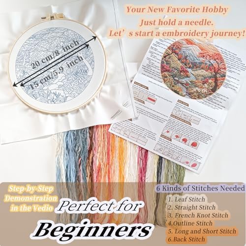 FONNUY Embroidery Kit for Beginners, Boho Nature Landscape Pre-Stamped Pattern Kits for Adults with Hoop, Easy to Follow Color Thread Needlework, 8'' Hoop (Mountain Stream) - Image 3