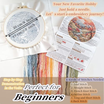 FONNUY Embroidery Kit for Beginners, Boho Nature Landscape Pre-Stamped Pattern Kits for Adults with Hoop, Easy to Follow Color Thread Needlework, 8'' Hoop (Mountain Stream) - Image 3