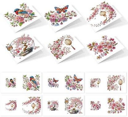 6pcs 5D DIY Diamond Painting Kit Greeting Card, Small Bird Peach Blossom Diamond Handmade Greeting Card with Envelope, Holiday Gift Congratulations by Tontut