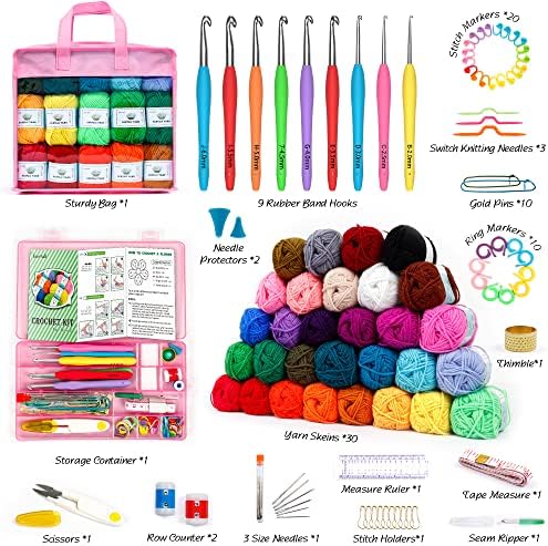 Crochet Yarn Kit for Beginners Adults and Kids, Includes 1650 Yards 30 Colors Acrylic Skeins, User Manual, Hooks, Pink Bag etc, Make Amigurumi & Crocheting Projects, Starter Set for Professionals - Image 2