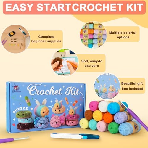 Crochetta Crochet Kit for Beginners Adults - Complete Starter Set with Crochet Hooks, Scissors, Stitch Markers + 12-Colored Yarn 45-50 Yards (20g) per Color - Image 3