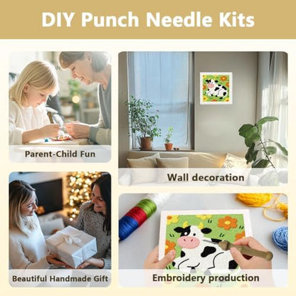 Doodlream Cow Flower Needle Kit for Beginner, 9.4"x 9.4" Cartoon Animal Punch Stitching Craft Set, Color DIY Embroidery Starter with Printed Frame, Instruction, Threader, Yarn, Pinch Needle - Image 4