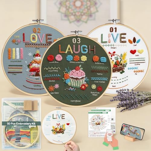 CLRDIVA Embroidery Starter Kit for Beginners: Easy DIY Needlepoint Set with Phone Stand for Step-by-Step Video Tutorials - Stress Free to Learn 29 Basic Stitches - Relaxing Crafts for Adults by CLRDIVA