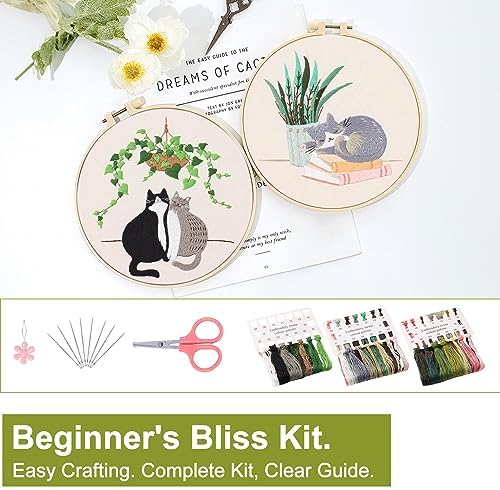 Santune 3 Pack Embroidery Kit for Beginners with Pattern, Cross Stitch Kits for Adults with Instructions,Needlepoint Kits for Adults Include 1 Embroidery Hoops,Color Threads and Needles(Cat) - Image 3