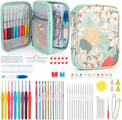 Katech 85 pcs Crochet Hooks Kit Knitting Accessories with Crochet Case, Small Sizes Crochet Hooks for Knitting Lace Yarn, Colorful Ergonomic Crochet Needles Set for Making Sweater, Bag and Hat (Green) by Katech