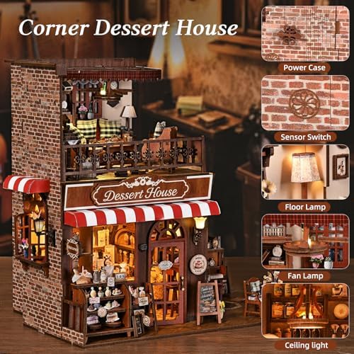 DIY Miniature House Kit, Dollhouse Fantastic Corner Shop for Adults to Build, Birthday/Christmas Day Gift for Family and Friends, Prefab Tiny Home with LED Lights,Corner Dessert House - Image 4