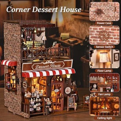 DIY Miniature House Kit, Dollhouse Fantastic Corner Shop for Adults to Build, Birthday/Christmas Day Gift for Family and Friends, Prefab Tiny Home with LED Lights,Corner Dessert House - Image 4