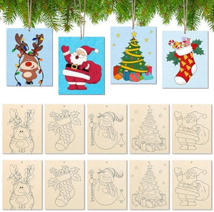 COCHIE 10 Pieces Large Christmas Unfinished Wood Crafts to Paint for Adults, Bulk Winter Predrilled Wooden Ornaments for Painting, Xmas Tree Truck Paintable Wood Slices Craft Supplies by COCHIE