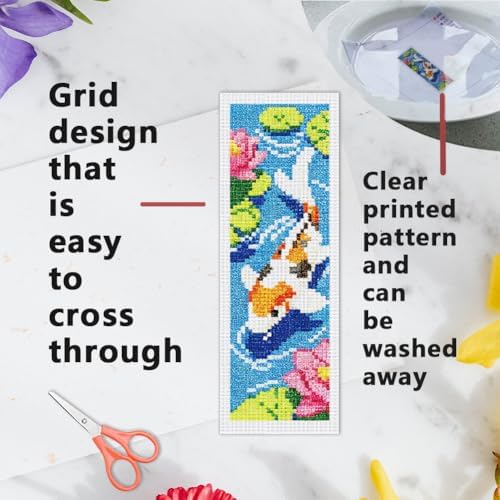 INFUNLY 6 Set Koi Fish DIY Cross Stitch Bookmark Kits for Adults Lotus Pond Counted Cross Stitch Kit with Instructions Koi Fishes Stamped Embroidery Bookmark Kit for Book Lovers Readers Gift - Image 3