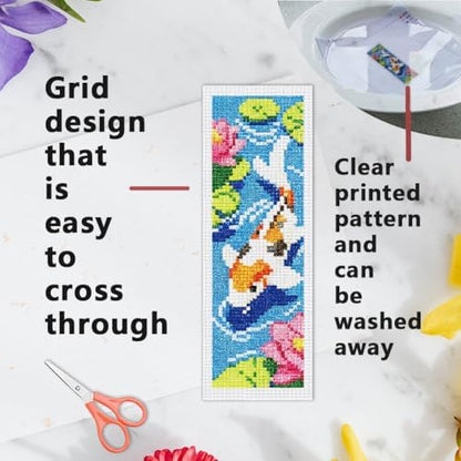 INFUNLY 6 Set Koi Fish DIY Cross Stitch Bookmark Kits for Adults Lotus Pond Counted Cross Stitch Kit with Instructions Koi Fishes Stamped Embroidery Bookmark Kit for Book Lovers Readers Gift - Image 3