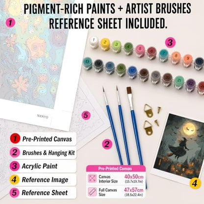 NXIKYO Flying Witch Paint by Numbers Kit for Adults Beginner, Adult Paint by Number Kits on Moon Village Canvas, DIY Acrylic Oil Easy Painting by Numbers for Home Wall Decor 16x20 inch (Without Frame) - Image 2