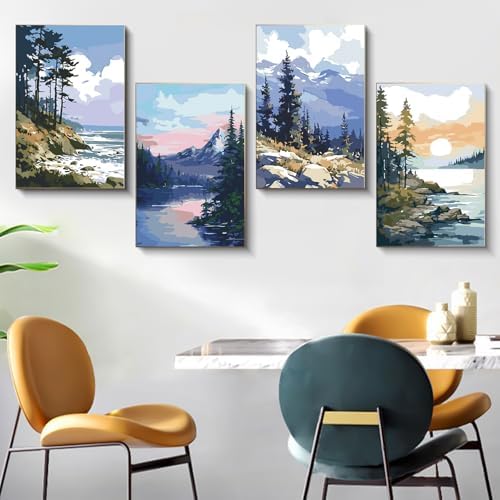 4 Pack Framed Paint by Numbers Kit for Adults Landscape with Wooden Easel - Image 2