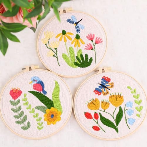 Allazone 3 Set Embroidery Starter Kits for Beginner, Butterfly and Bird Punch Needle Kit with Instruction, Plastic Hoop, Yarns and Embroidery Handle Needle Pen - Image 3