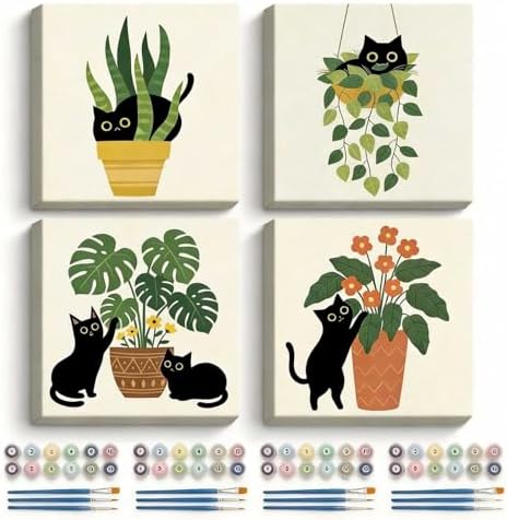 Amphol Framed Paint by Numbers Kit for Adults - 10x10 Inch Easy 4 Pack Potted Cat Framed Canvas Paint by Number for Beginners, DIY Acrylic Oil Painting Kits with Frame for Home Wall Decor Gift by Amphol