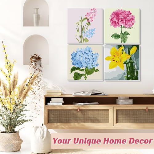 Genius maker Paint by Number for Adults Beginners, 4 Pack DIY Adult Paint by Number Kits on Canvas Framed, Flowers Color by Numbers Acrylic Oil Painting Number Kits Crafts for Home Wall Decor 8x8inch - Image 2