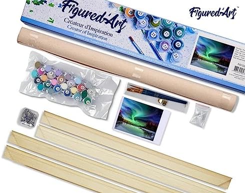 Figured'Art Paint by Numbers Kit for Adults Aurora Borealis and Lake 16"x20" - Craft Art Painting Rolled Canvas with DIY Wooden Frame - Image 5
