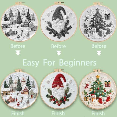 Ohcol 3 Sets Christmas Embroidery Kit,Cross Stitch Kits for Beginners,Needlepoint Kits for Adults with Easy Floral Pattern Hand Crafts,Hoop,Needle - Image 5
