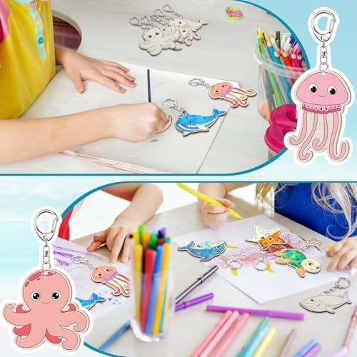 Trnayi 36 Pcs Sea Life Unfinished Wood Keychain Color Your Own DIY Craft - Image 4