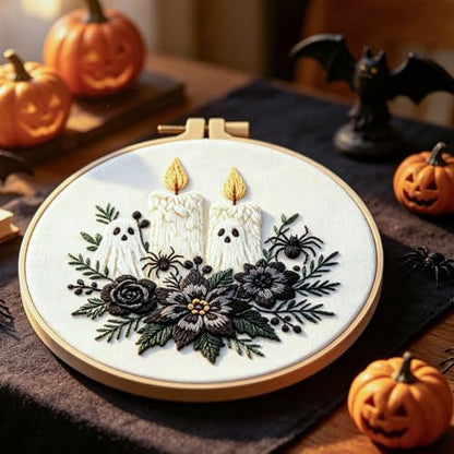FONNUY Halloween Embroidery Kits for Beginners,Skull Pumpkin Spider Web Floral Stamped Cross Stitch Kit for Adults, Spooky Season Boho Wall Decor, 8'' Hoop (Candles) - Image 4