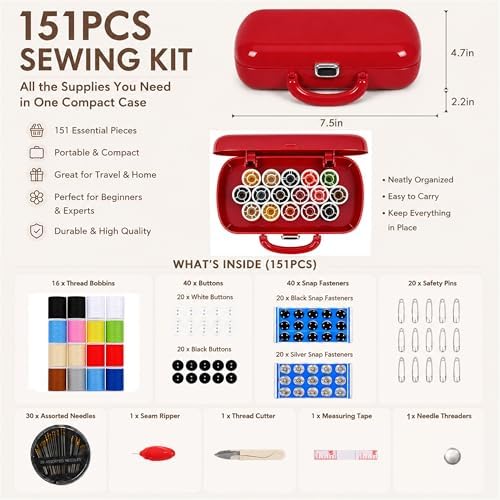 FKOG Sewing Project Kit, 151 Pcs Family Sewing Supplies Repair Kit Traveler Sewing Kit Sewing Thread Accessories DIY Sewing Supplies Organizer (Dark Red) - Image 2