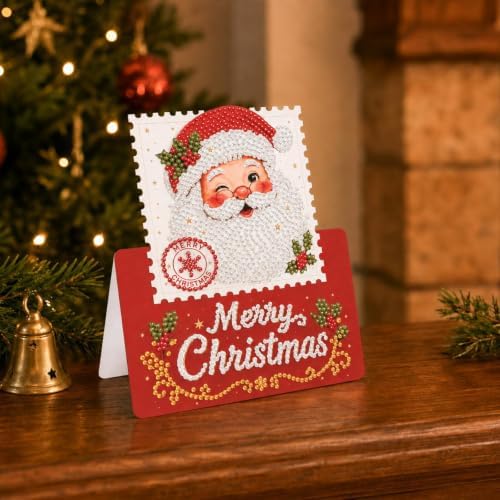 DIY Christmas Diamond Art Painting Cards Set Crafts Decor 6-Piece Vintage Stamp Style Folding Holiday Blessing Cards with Envelopes and Tool Kit for Adults-Christmas - Image 6