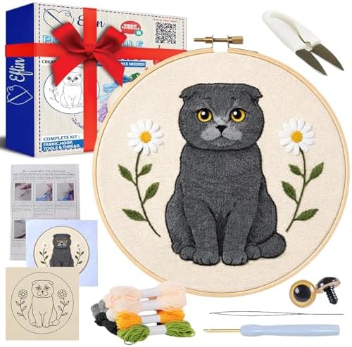 Eflin Punch Needle Kits Adults Beginner, Cute Scottish Fold Cat Punch Needle Kit for Beginners with Daisy Pattern, Natural Bamboo Hoop, Yarns, Tools, Tutorial Video, Rare Gift for Craft Kits, Decors by Unknown