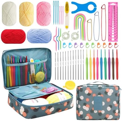 58pcs Crochet Kit Beginners, Crochet Hook Set with Yarn, Portable Crocheting Kit for Starter, Ergonomic Crochet Needles Tools DIY Knitting Accessories for Experienced Crochet Lovers, Blue Flower by HATINXIA