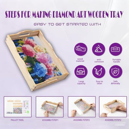 EWJRNSF 5D Diamond Painting Flowers Diamond Art Kits for Adults Wooden Serving Trays with Handles Big Gem Arts and Craft Gifts Trays Decor Gift Home Decor 7.8x11.8 Inches Hydrangea - Image 3