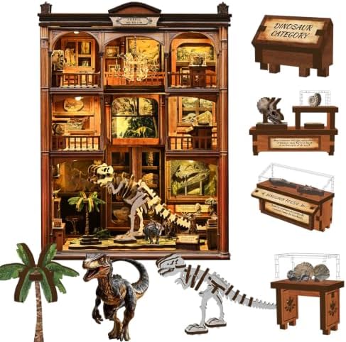 Book Nook Kits for Adults, 3D DIY Miniature Wooden Puzzle with LED Light, Adult Crafts Kits, House Bookshelf Decor, 316 Pieces Model Building Gift for Adults & Teens (Dinosaur Fossil Museum) by Nisuez