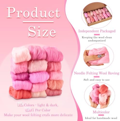75G Needle Felting Wool Pink Wool Roving for Needle Felting Multicolor Soft Spinning Wool Bulk for Felting DIY Crafts Hand Spinning Supplies - Image 5