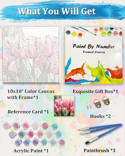 TOCARE Framed Paint by Numbers Kit for Adults Beginner, Tulip Paint by Number with Frame, Small Simple Oil Paint by Numbers Framed Canvas Flowers for Home Wall Decor (10x10 Inch, Without Easel) - Image 3