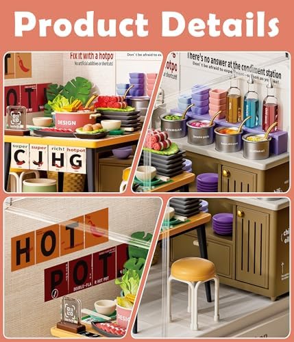 Hotpot Shop Miniature House Kit, Plastic DIY Dollhouse with Hot Pot Table & Sauce Station, Stackable Transparent Dust Cover, Creative Desktop Decor for Adults Teens - Image 3