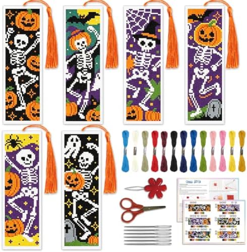 ACRNIGHEET 6PCS Cross Stitch Bookmark Kit (Halloween Skeleton Pattern) by ACRNIGHEET