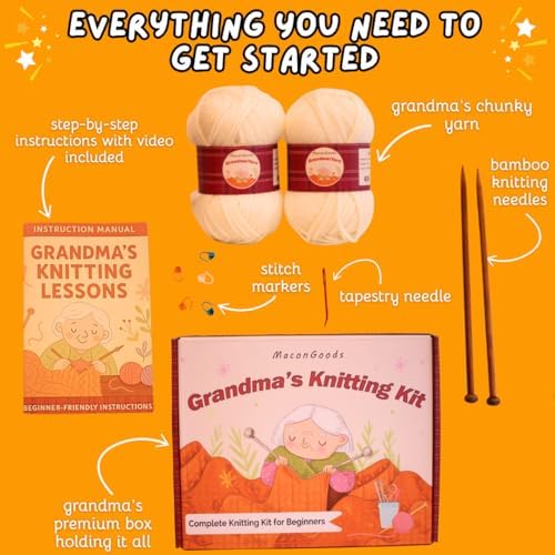 MaconGoods Grandma's Knitting Kit - Complete Knitting Kit for Beginners - Includes Beginner Yarn, Bamboo Needles, Video Tutorial, and Written Guide & More - Easy Learn to Knit Kit - Image 3
