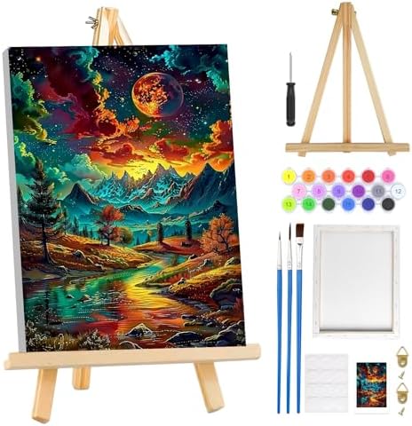 MOGTAA Starry Night Paint by Numbers Kit for Adults with Frame, Mountains Paint by Number Canvas, Landscape Paint by Numbers with Easel, DIY Oil Painting Kit for Home Wall Decor 8 x 12 Inch by MOGTAADIYHomeDecor