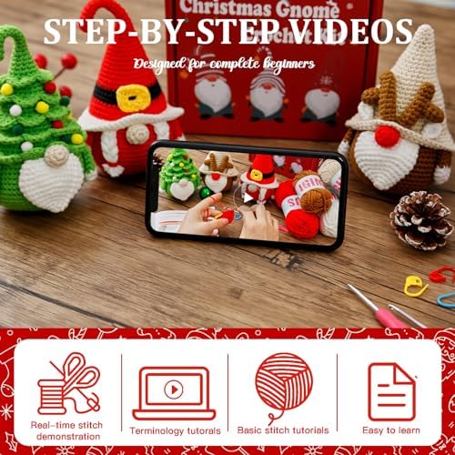 MAGIMUSE Christmas Crochet Kit for Beginners, Crochet Starter Kits for Adults Amigurumi Craft Knitting Crochet Animals Kits with Step-by-Step Video Tutorials, 3 Pack Gnome (40%+ Yarn) - Image 4